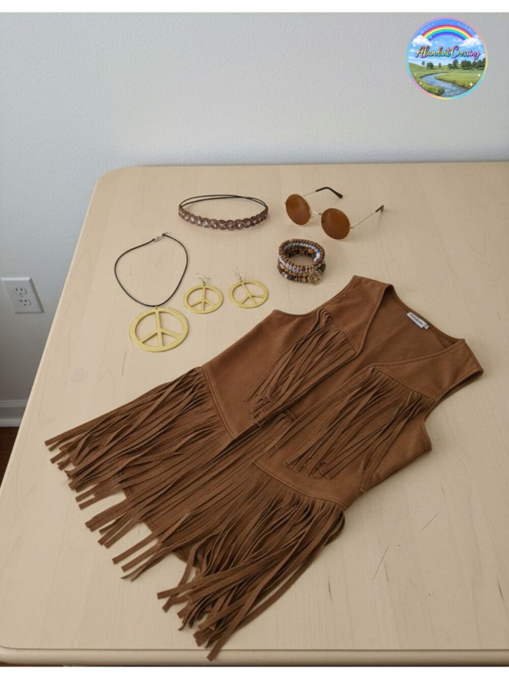 Hippie Costume Accessory Set Fringe Vest Peace Necklace Headband